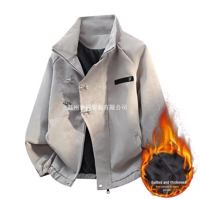 Men s High Street Stand Collar Tie-dye Padded Cotton Leather Jacket Large серый