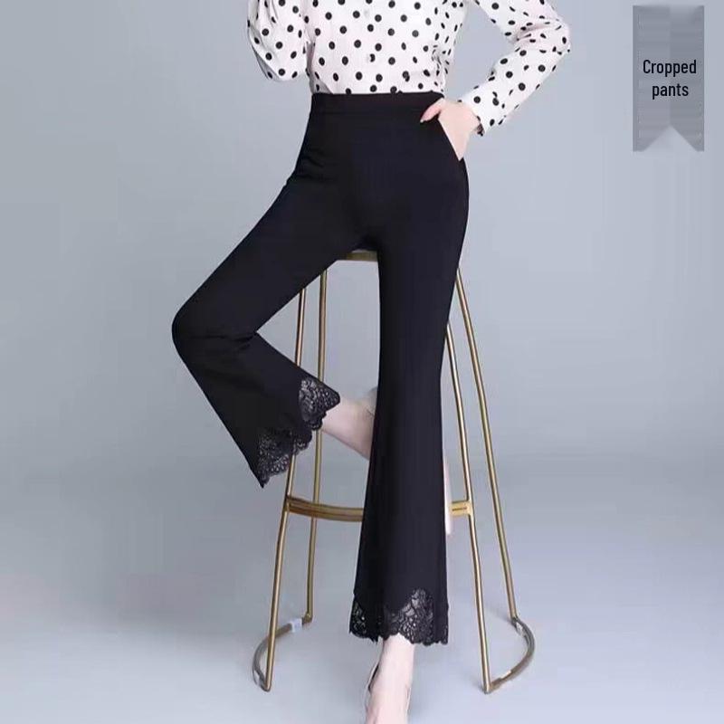 2025 Lace Trim High-Waisted Stretchy Micro-Flare Pants – Women's Fashionable Slimming Nine-Tenths Length