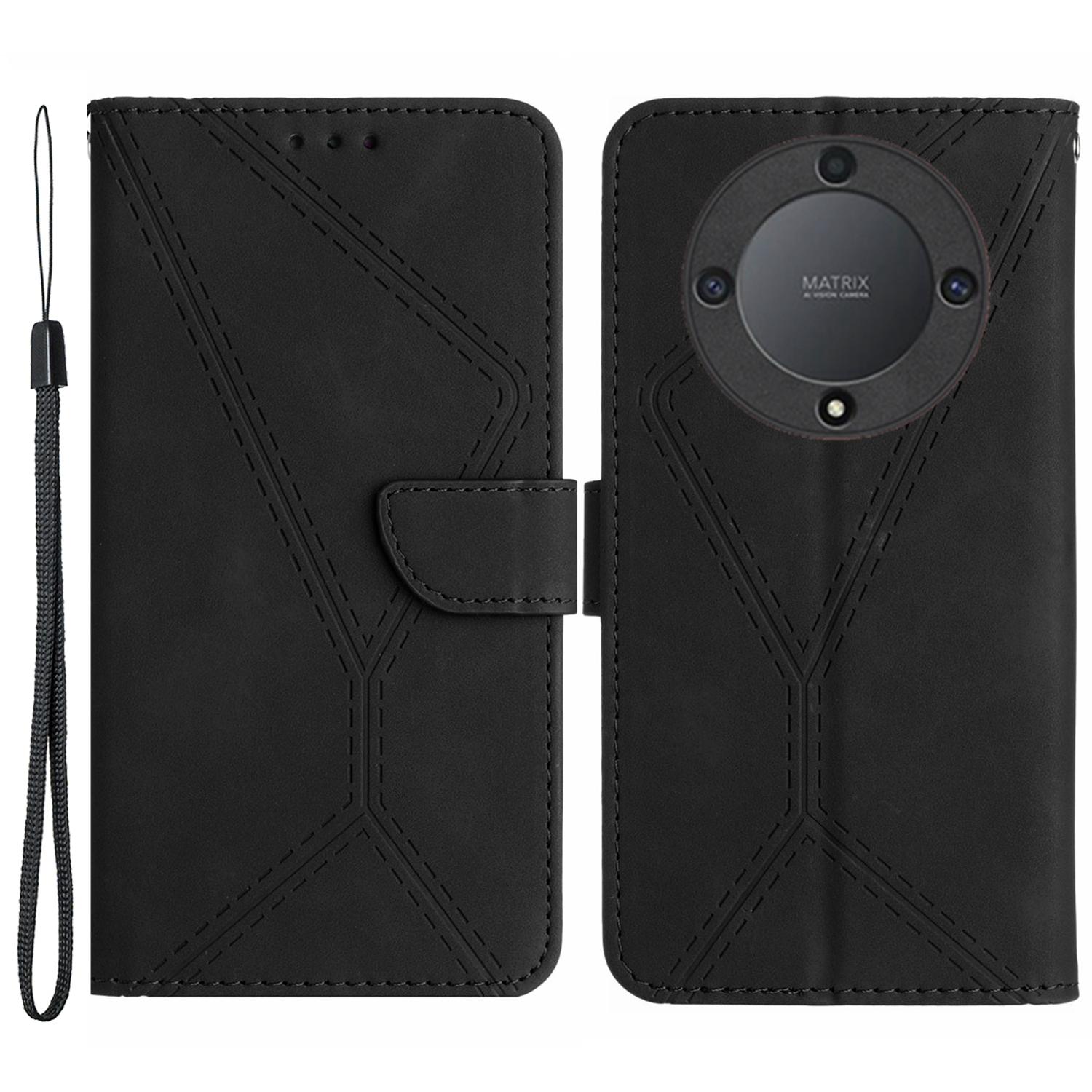 

For Honor Magic5 Lite 5G/X9a 5G Anti-Drop Phone Case HT05 Skin-touch PU Leather Wallet Cover with Strap Black