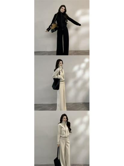 Women's Winter Outfit: Stand Collar Velvet Sweatshirt + Wide-Leg Pants Set
