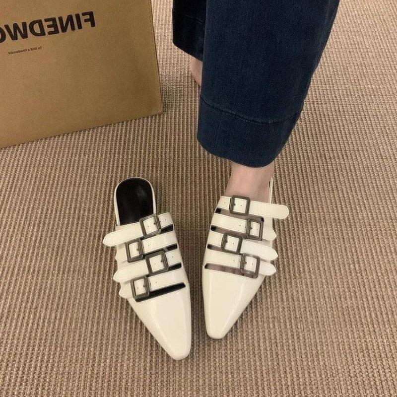 

Модные женские модные шлепанцы Baotou Летние новые остроносые полые с металлической пряжкой Мягкая подошва Противоскользящие износостойкие сандалии на плоской подошве 35