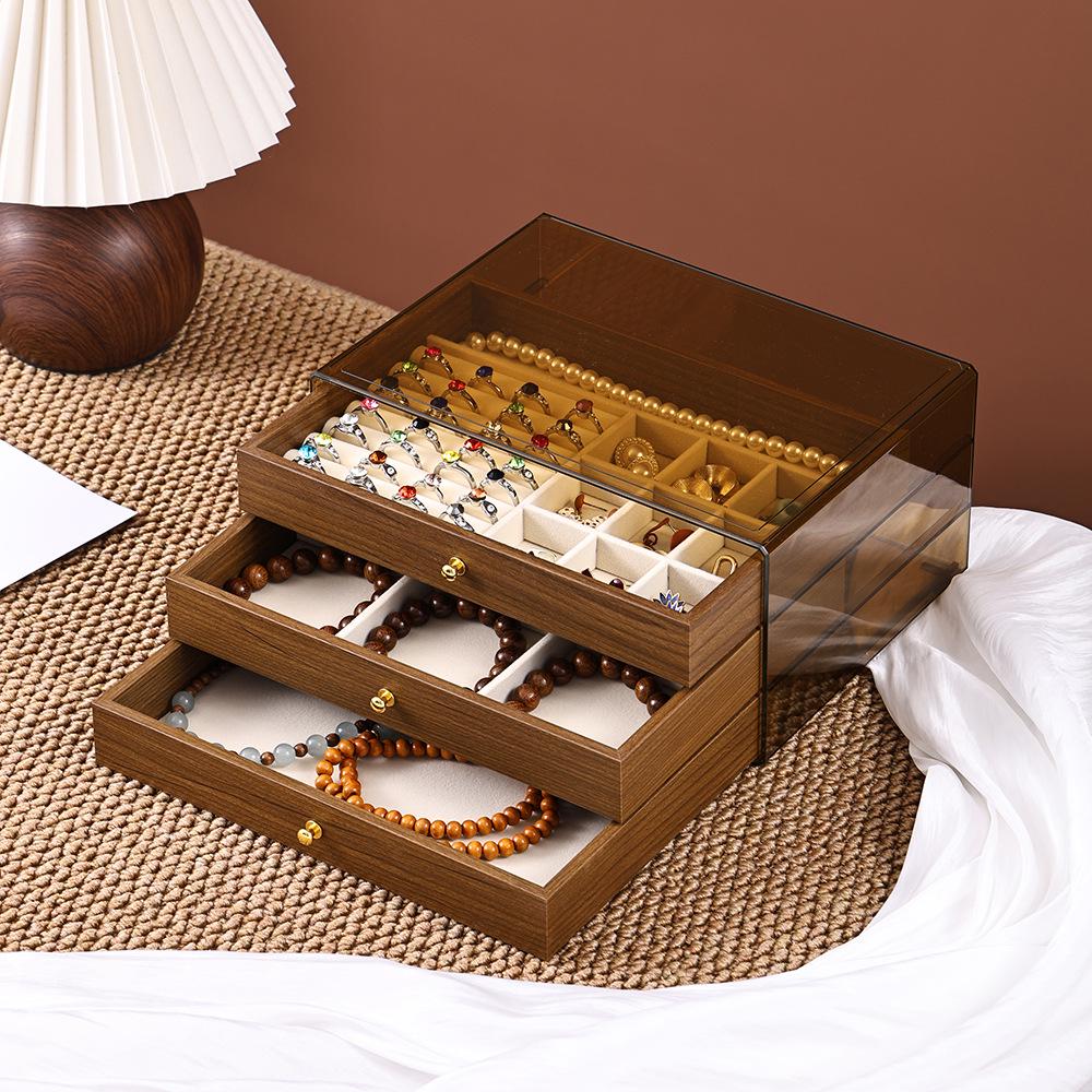Walnut Multi-Layer Wooden Jewelry Box - Dustproof Organizer for Earrings, Rings, and Necklaces