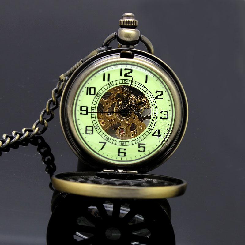 Luxury Luminous Mechanical Pocket Watch Bronze Hollow Wheel Hand-Winding Steampunk Pocket Hanging Chain Antique Watch Best Gifts