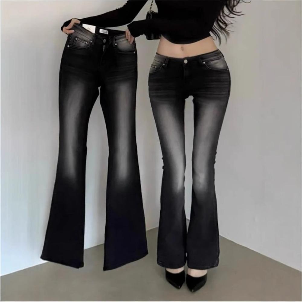 Women's Low Rise Flared Jeans Slim Fit Vintage Denim Pants Medium Stretch Long Bootcut Jeans With Built-In Hip Enhancing Washed Design
