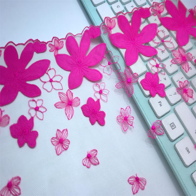 1 Meter Net Embroidery Lace, Hot Pink Floral Embroidery Mesh Fabric Lace for Dress, Lingerie, Bra, Underwear, Garment, DIY Sewing