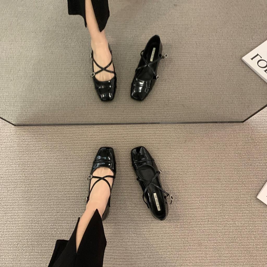 Coarse heel crossed silver Mary Jane square head single shoes women's shoes 2025 new spring evening gentle flat shoes