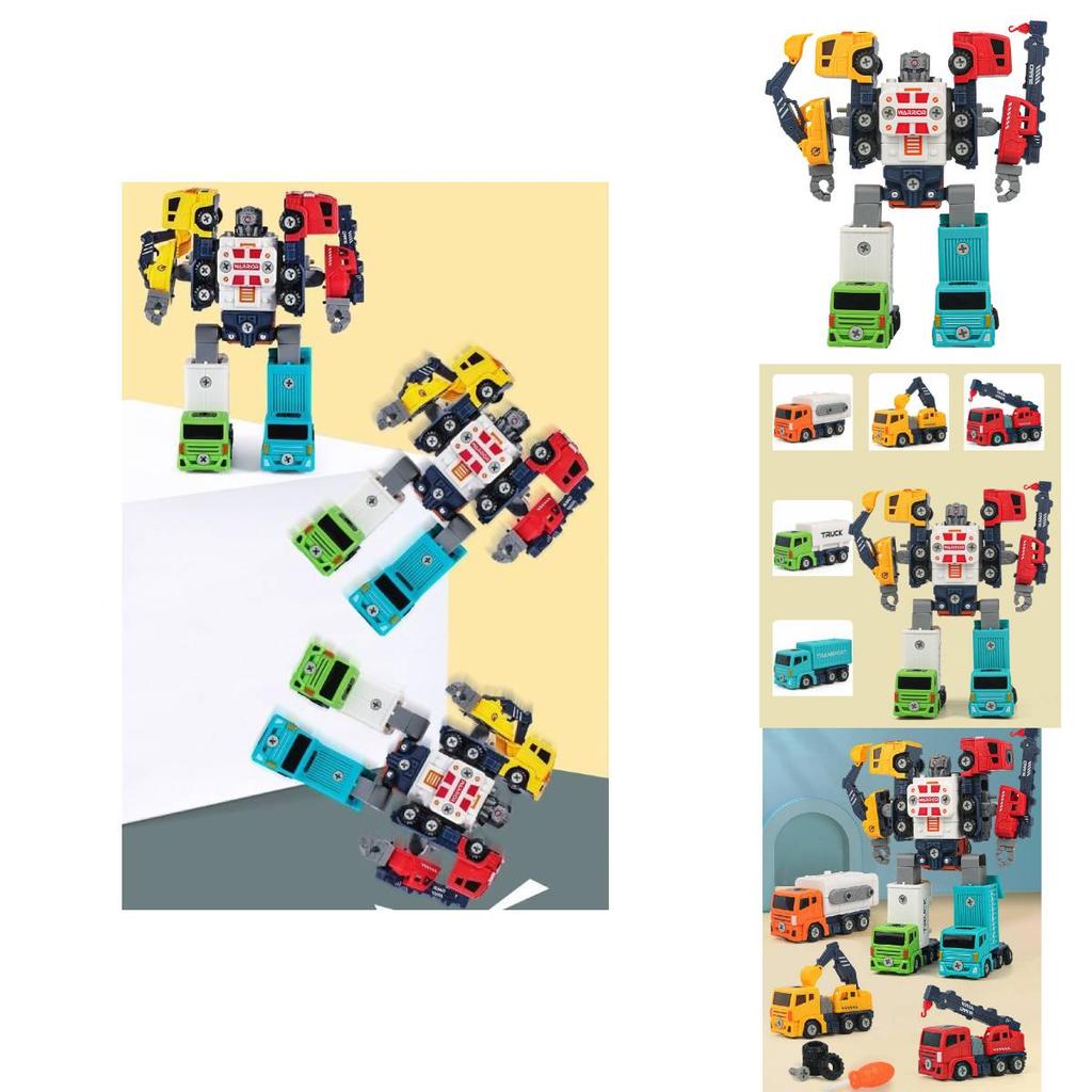Diy Detachable Engineering Vehicle Toy Set For Boys With Five Colorful Transforming Robots
