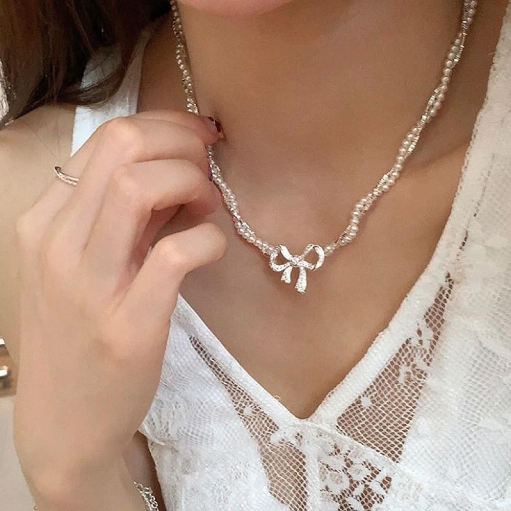 Pearl Bow Necklace Pendant Clavicle Chain Simple Pendant Chain Silver Bowknot Necklace Daily
