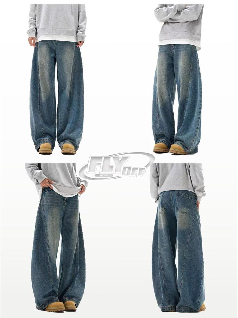 Men's Retro Patchwork Scimitar Jeans: Loose, Oversized, Deconstructed Wide-Leg Pants