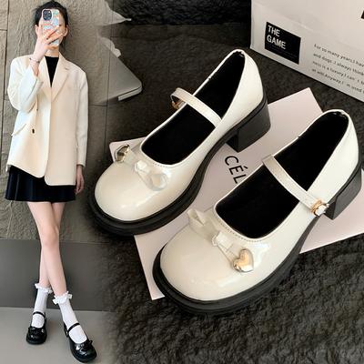 2024 strik nieuw met zwarte enkele schoenen jk Mary Jane schoenen dames één-knops dikke hak retro Japanse kleine leren schoenen