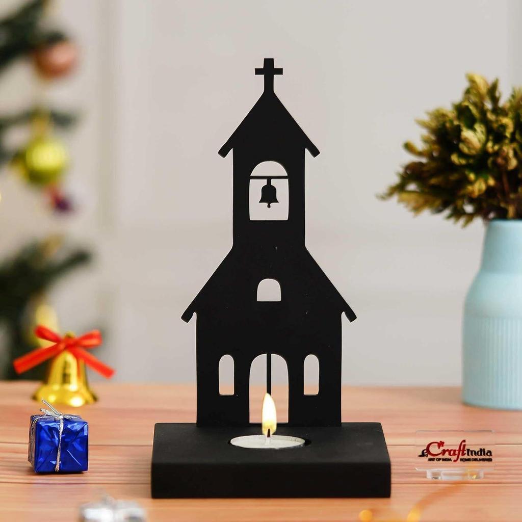 Merry Christmas Charming Church Decorative Tea Light Candle Holder(Wooden Black)Tea Light Holder| Christmas Decoration Items