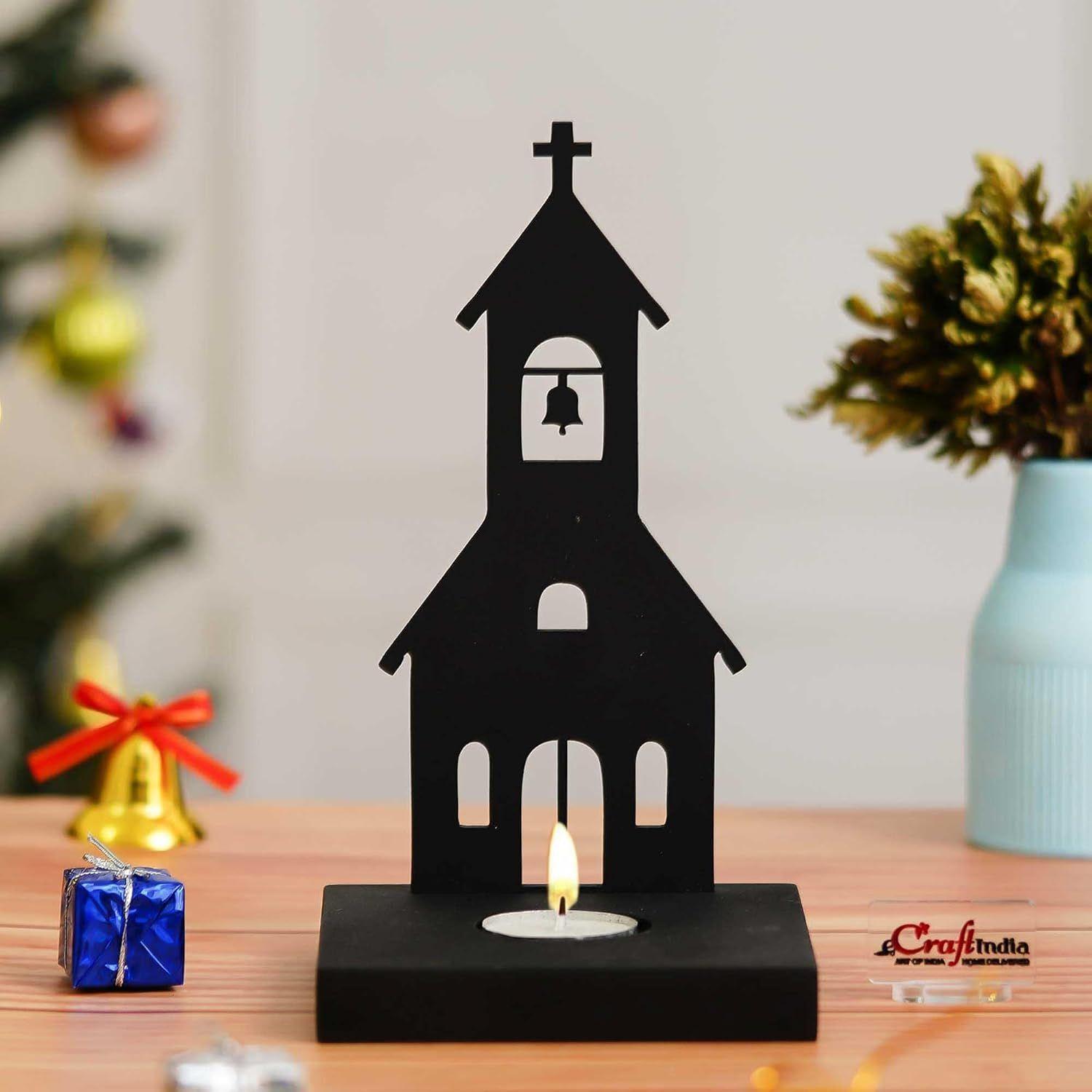 

Merry Christmas Charming Church Decorative Tea Light Candle Holder(Wooden Black)Tea Light Holder| Christmas Decoration Items