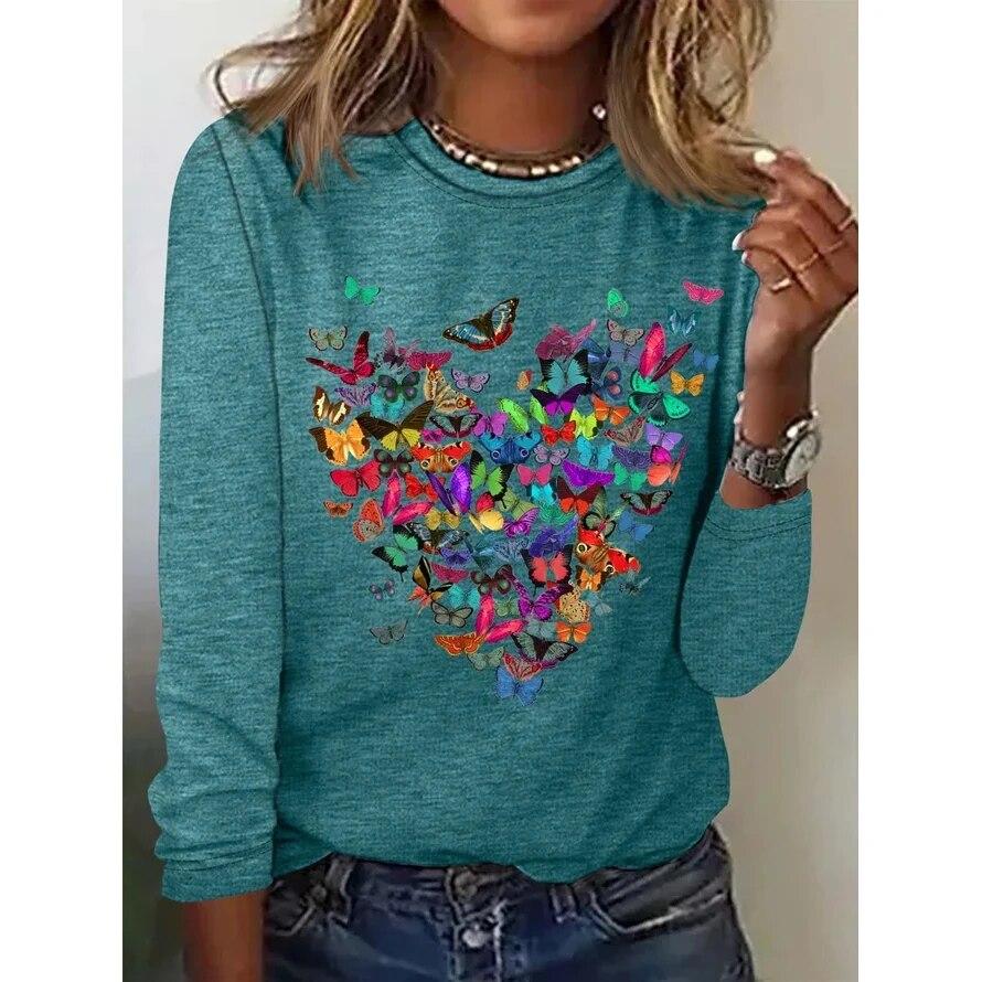Women's 3d T-Shirt O-Neck Long Sleeve Butterfly Fashion Animal Print Large Casual Vintage Street Wear Oversized Female Clothing