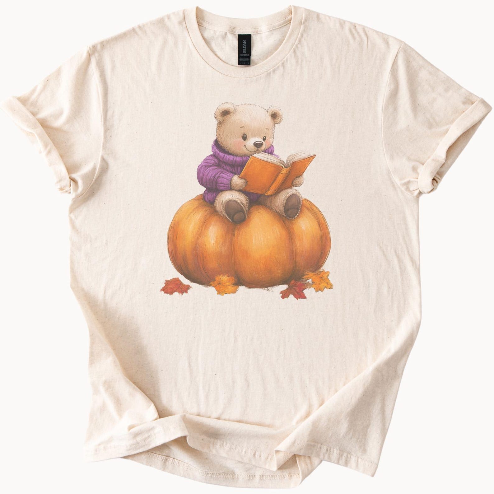 Cute Bear Reading Book on Pumpkin Fall Autumn Graphic Shirt Cozy Animal Lover Tee Thanksgiving Harvest Leaves Art TShirt 100