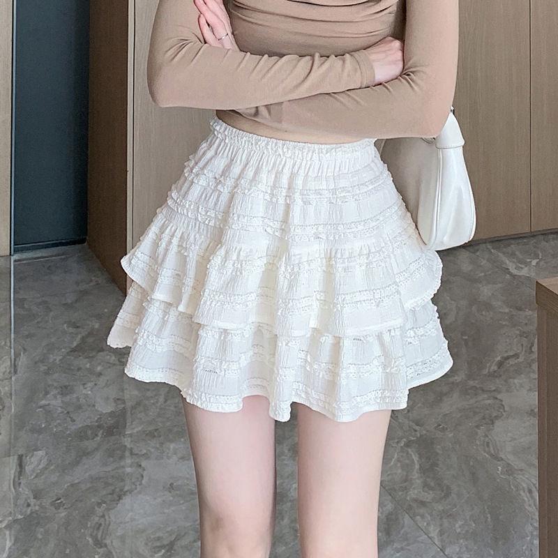 Women's French-Style Ballet Fluffy Layered A-Line White Cake Skirt - Petite & Spring Anti-Exposure Design