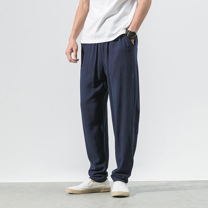 Льняные брюки в китайском стиле для мужчин, тонкие, свободные и повседневные брюки, брюки Харун, девятидюймовые брюки, хлопково-льняные брюки-фонарики для мужчин M