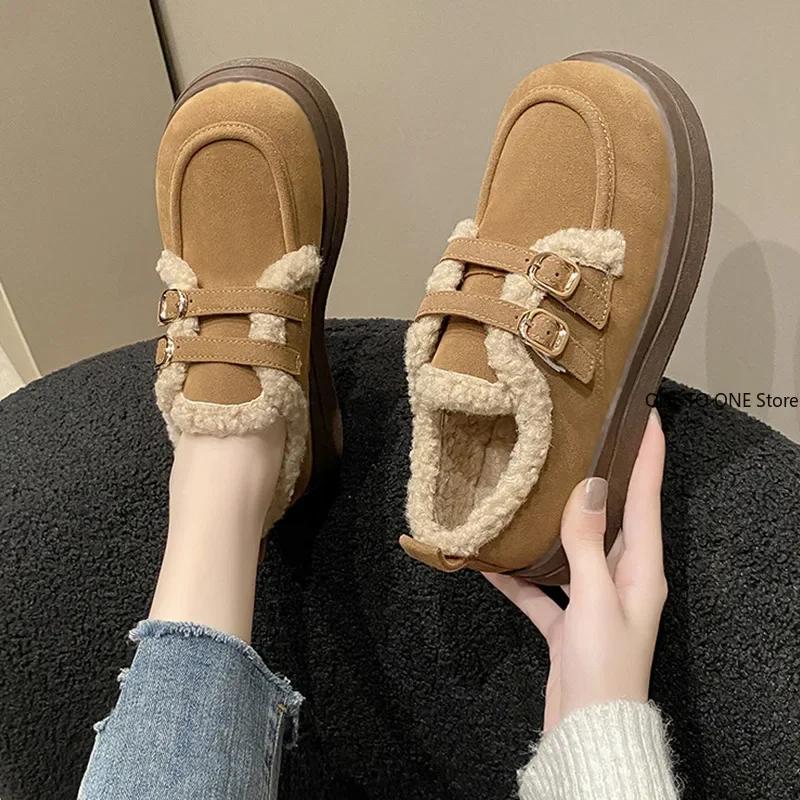 Fashion Women Clogs Platform Round Toe Loafers With Fur Casual Winter Retro New Slip-on Solid Rubber Buckle Female Sneakers Creepers Str