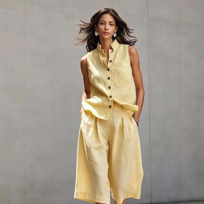 Damen ärmelloser Knopfleisten Strickcardigan und High Waist Weitbein Cropped Hose Set Beige