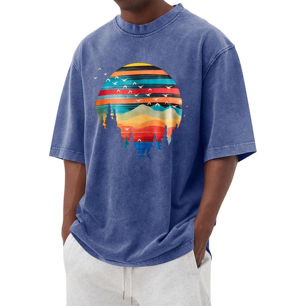 Men's Printed Round Neck T-Shirt Casual Sports Short-Sleeve Top