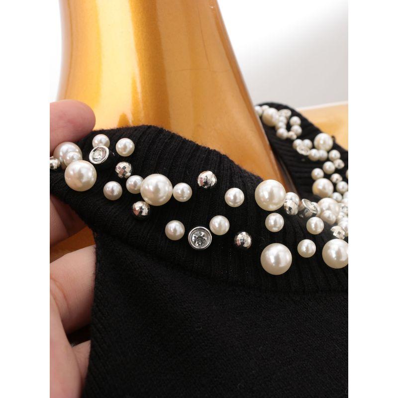 Foreign Trade Original Order High-End Pearl Collar Narrow Shoulder Long Dress Sleeveless Plus Size Knitted Temperament Dress