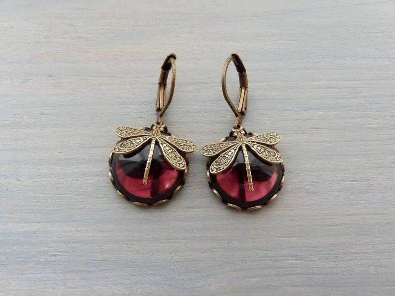 Vintage Antiqued Dragonfly Pattern Moonstone Earrings For Women Elegant Dangle Ear Jewelry