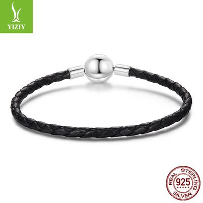 Hebilla Redonda Brillante con Cuentas, Cuerda de Cuero Básica, Cuerda para la Mano para Hombres y Mujeres, Pulsera Básica DIY Personalizada Transfronteriza de Plata de Ley S925