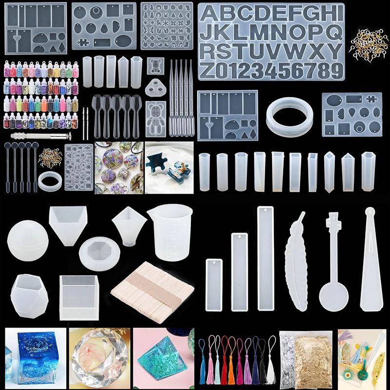 Resin Molds Silicone Kit with Epoxy Resin Supplies Dried Flowers Earring Hooks Foil Flakes Necklace Cord for DIY Jewelry Making