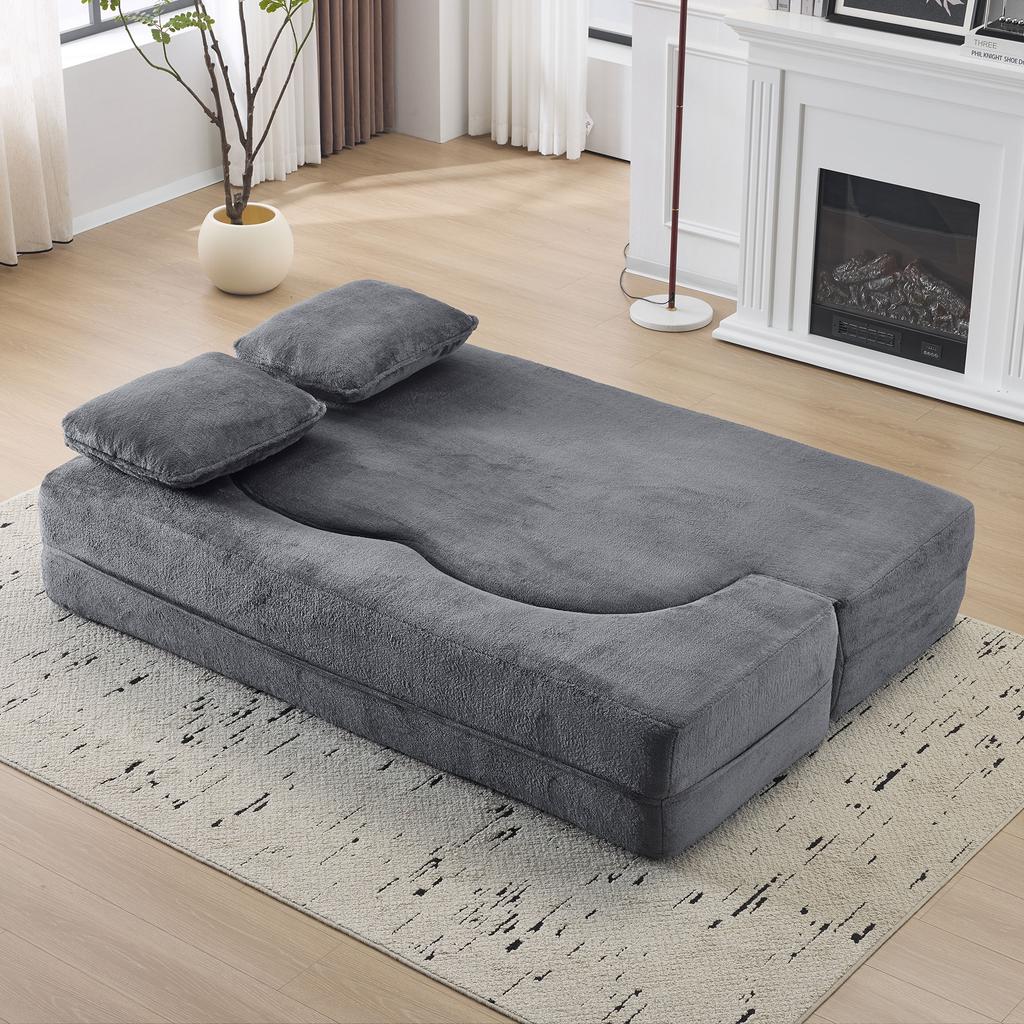 Large blue-gray floor sofa with 4 throw pillows, flannel sofa, high-density foam folding mattress, living room, bedroom, no assembly required