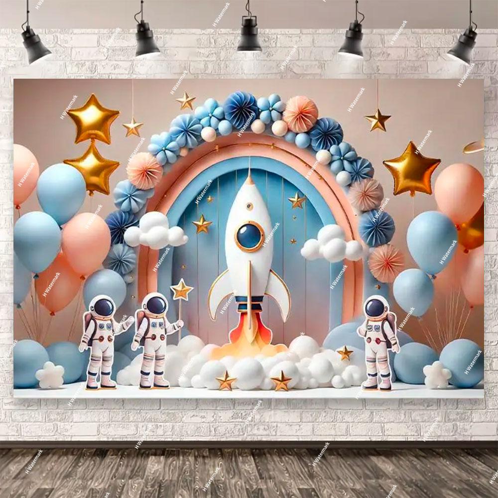 Space Astronaut Birthday Party Background Banner Custom Decoration Rocket Theme Photography Boy Birthday Gift Photo Studio Prop
