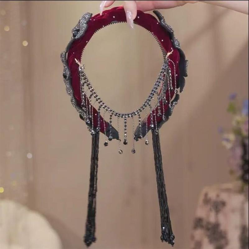 Diadema de Flor Trenzada Estilo Coreano Exquisita Banda Ancha para el Cabello con Pedrería Brillante con Borla Tiara para Fiesta Celebración Decoración Festiva