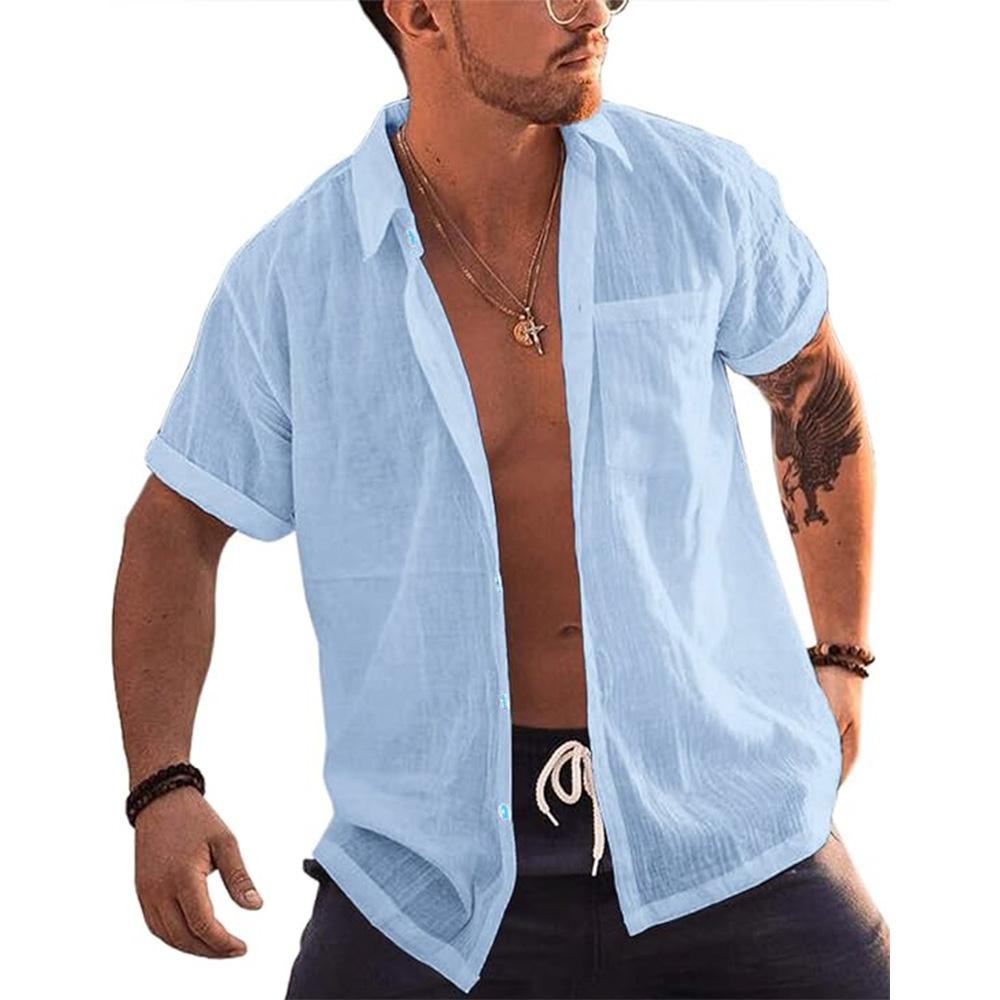 Herren Kurzarm Button Up Hemden Leinen Baumwolle Strand Tops Umlegekragen Sommer T-Shirt mit Tasche
