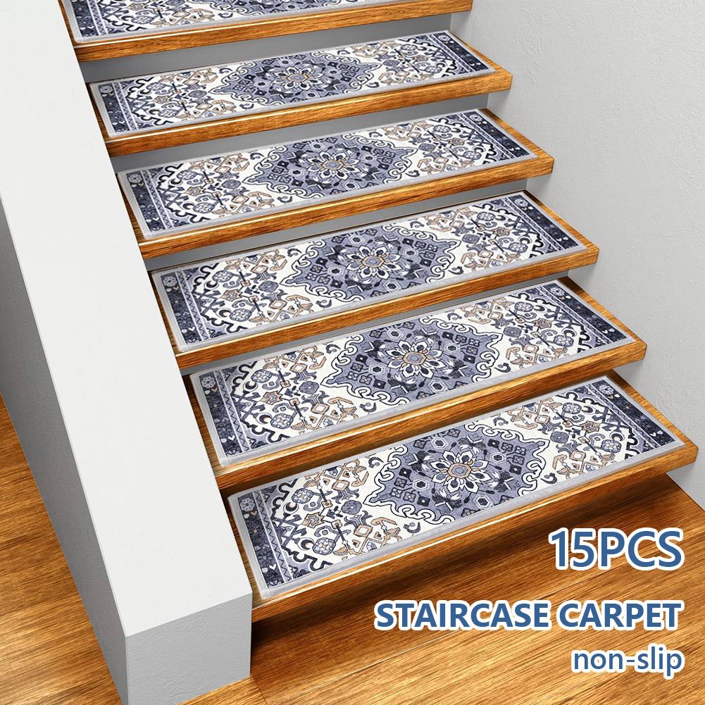 15PCS Carpet Stair Treads Set Self-adhesive Backing Non Slip Safety Mats Reusable Stairway Carpet Rugs Bohemian for Wooden Steps