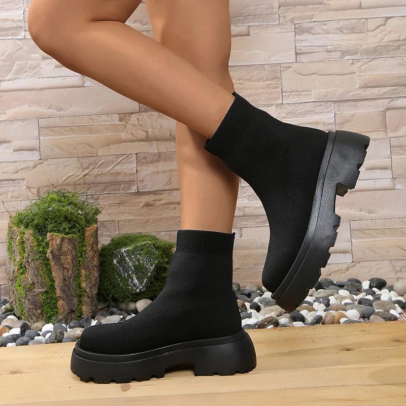 2024 Knitted Chunky Platform Ankle Boots Women Comfort Round Toe Thick Sole Sock Shoes Woman Slip On Stretchy Short Boots Female
