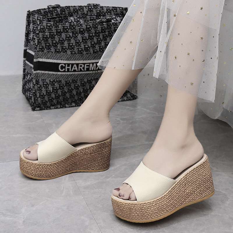 Wedge heel slippers women's summer white dress with wedding shoes high heels platform slippers women's height-increasing muffin shoes 9cm bridal shoes