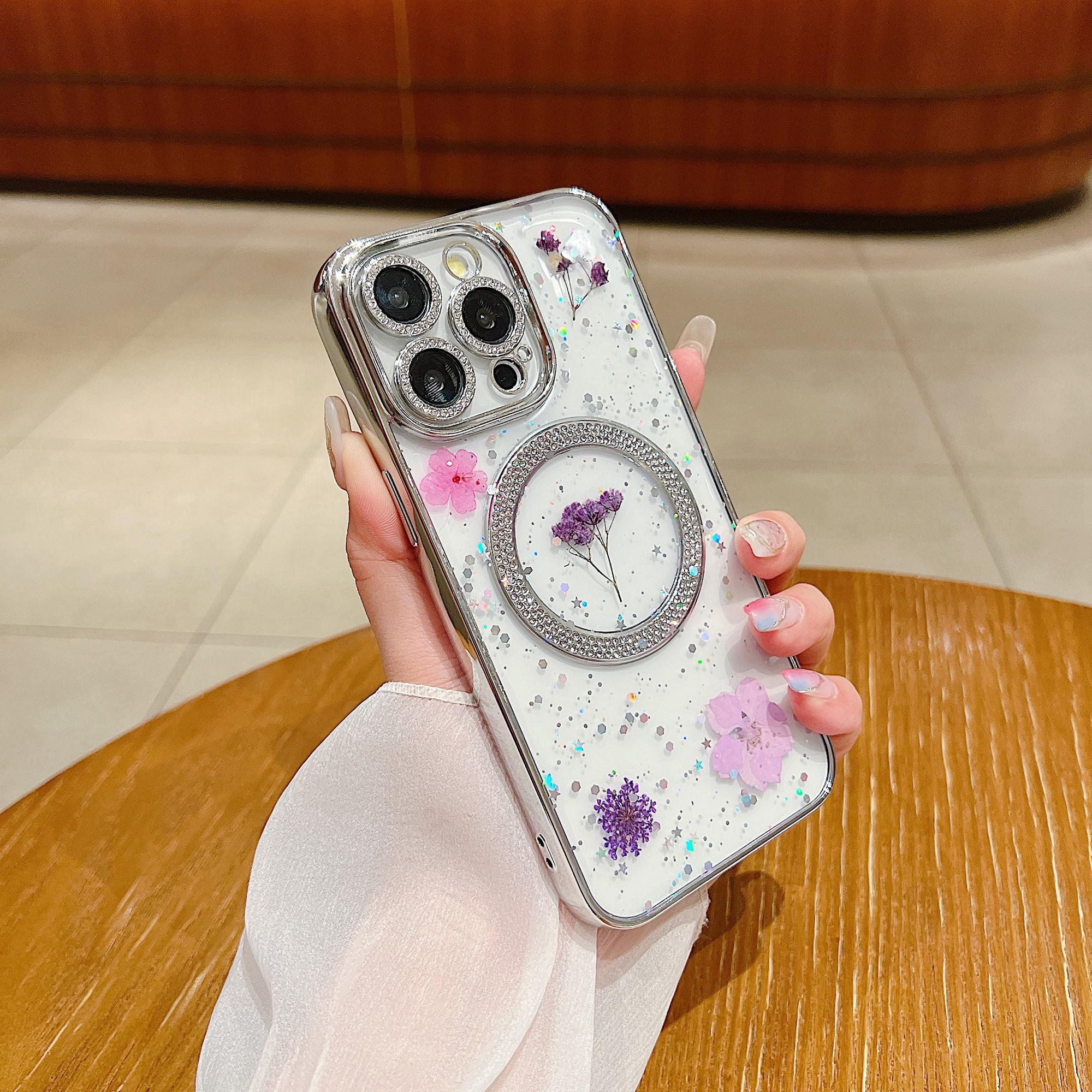 

For iPhone 15 Pro Case Dried Flower Epoxy PC+TPU Magnetic Phone Back Cover Gypsophila