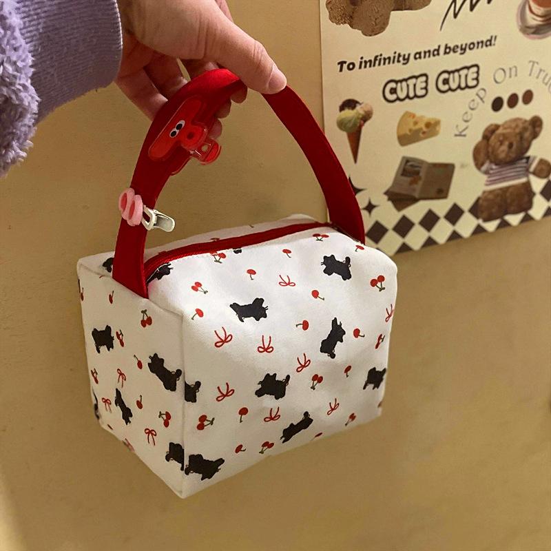 Cute Black Cat Cherry Bow Print Handheld Cosmetic Bag High Capacity Travel Portable Sundries Storage Bag Fashion Makeup Bag Gift