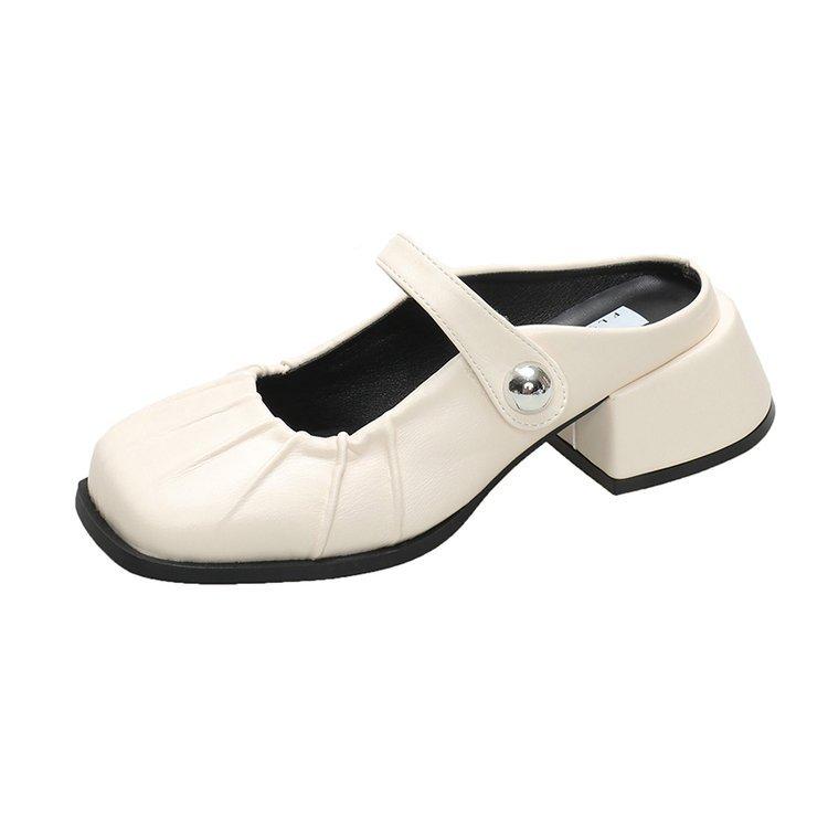 

Французские женские полушлепанцы с серебряным верхом высокого класса для улицы, новинка весны и лета 2025 года, ленивые туфли-лодочки на толстом каблуке 40 бежевый