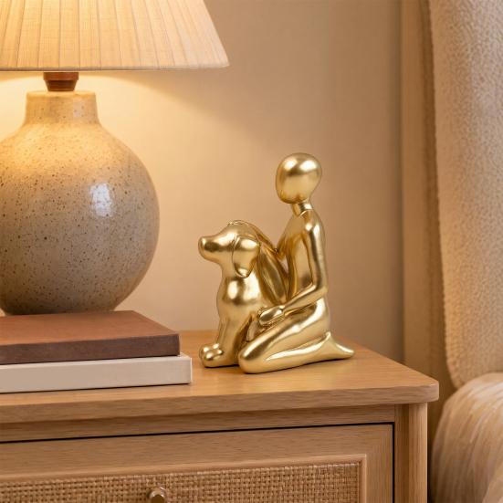 Modern Abstract Man and Dog Statue Desktop Decoration, Resin Pet Lover Gift for Home Office Shelf, Minimalist Human & Puppy Sculpture Figurine for