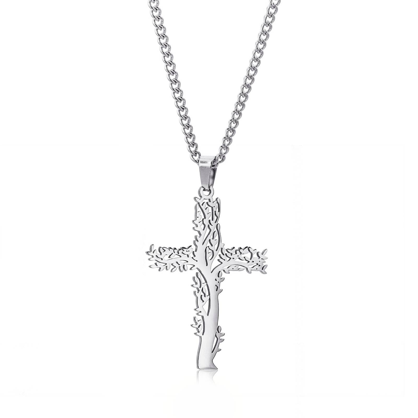 Christian Cross Tree of Life Pendant Necklace for Women Men Prayer Amulet Stainless Steel Jewelry Gift