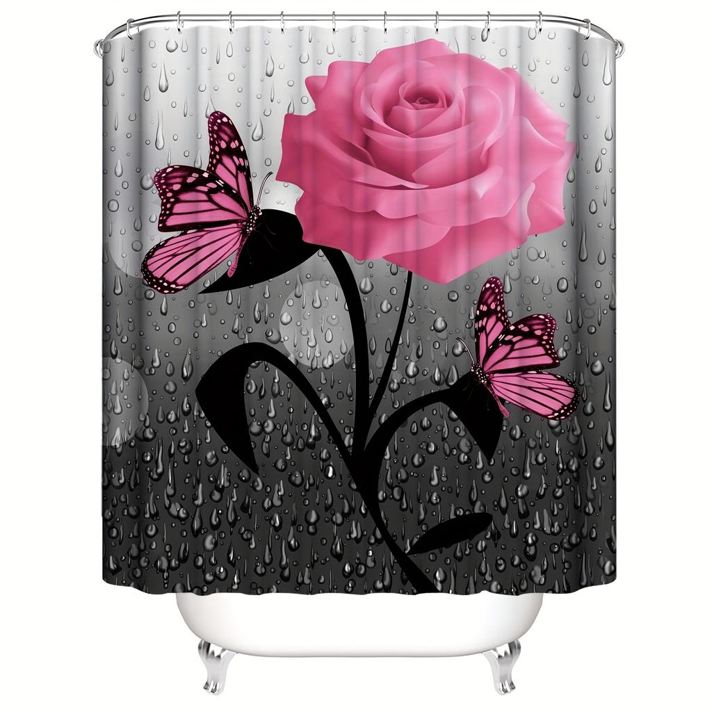 4 STK Luksus Sommerfugl Dusjforhengsett Geometriske Striper Draperier For Baderomstilbehørsett Badekarforheng Med Kroker Vanntett