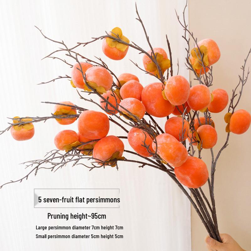 Dried Flower Arrangement with Artificial Persimmon, Pomegranate, and Ruyi Branches for Living Room Decor