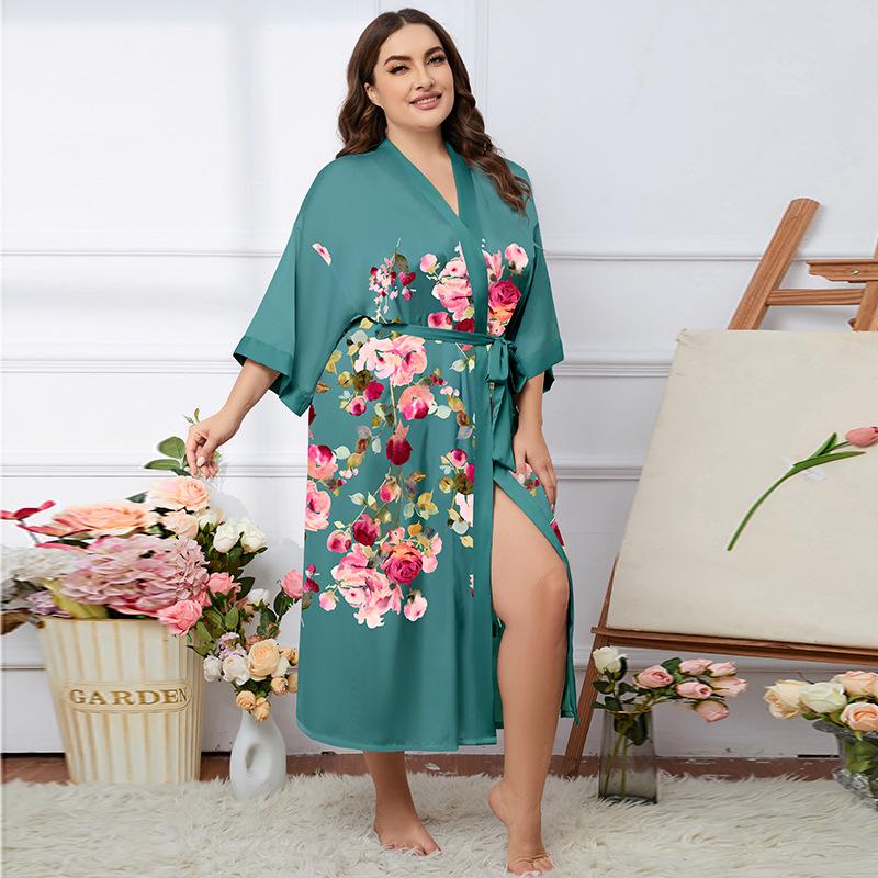 Übergröße Satin Sommer Pyjama & Bademantel Set für Damen - Leichter Luxus Eisseide