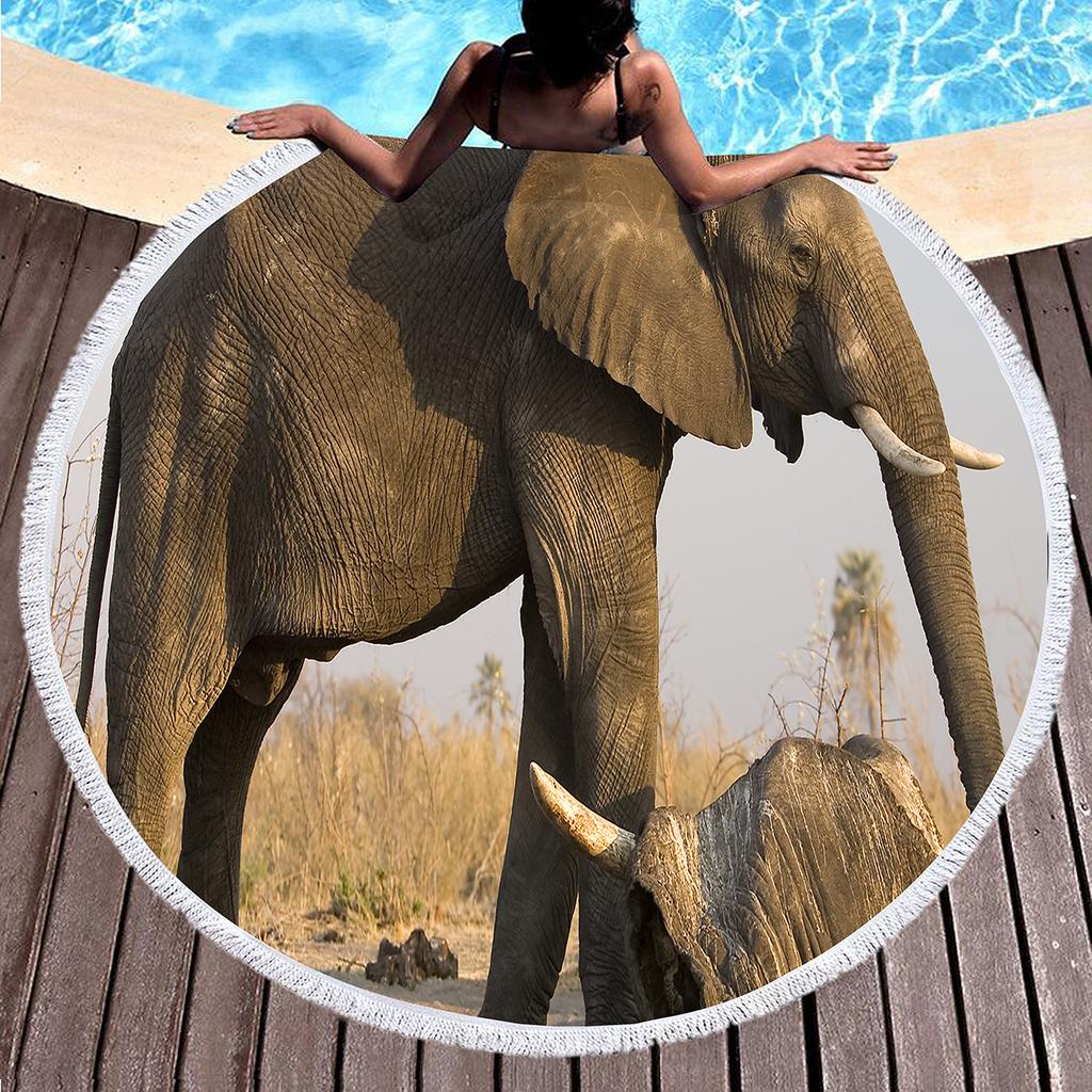 Wild Elephant Round Beach Towel,Microfiber Sand Resistant Beach Blanket,Soft Absorbent Quick Dry Portable Pool Towel Picnic Mat