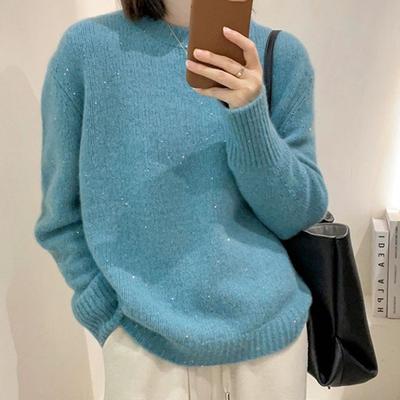 Weicher, wachsartiger Mode-Allrounder Rundhals Langarm Herbst- und Winterpulloverjacke Damen Locker Gestricktes Unterhemd mit Top