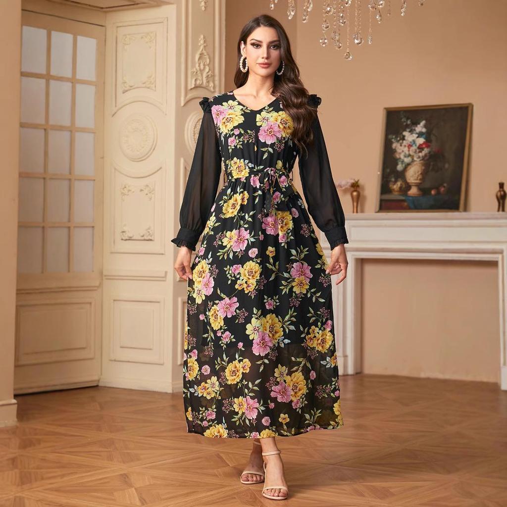 Elegantes Damen Langarm Patchworkkleid mit Druck für den Nahen Osten, Europa und Amerika