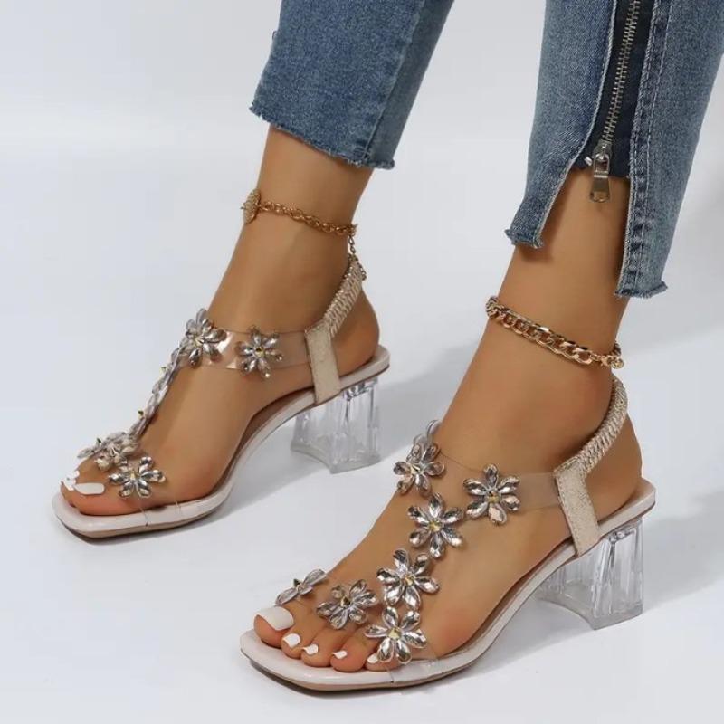 34-43 Plus Size Shoes for Women Summer Fashion Crystal Flower Decoration Elegant Heel Peep Toe Back Strap Elastic Band Sandals