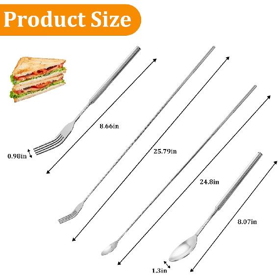 4pcs Extendable Fork and Spoon Set, Stainless Steel Telescopic Extension Dinner Fork, Retractable BBQ Fruit Dessert Fork for Cooking, Outdoor,
