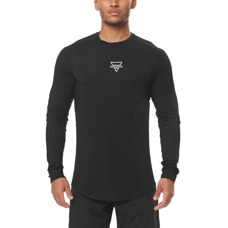 Muscleguys Men Spring/Autumn Full Sleeve T Shirt Solid Color Fitness Tees O-neck Tight Compression Tops