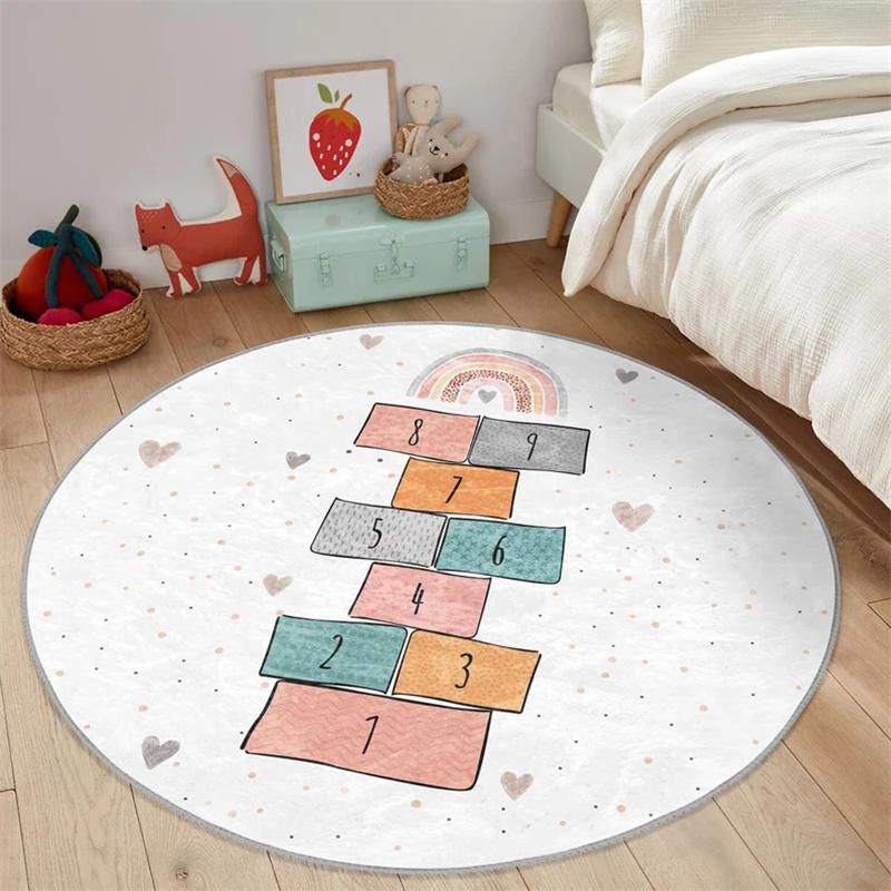 Kluk Kulatý Koberec Hopscotch Podlahový Koberec Zvířata Protiskluzové Kruhové Koberce Protiskluzová Podložka Koberce do Herní Zóny Béžový Koberec do Dětského Pokoje