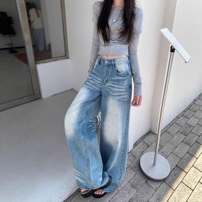 Jeans de Mezclilla Lavados de Cintura Alta Pierna Ancha para Mujer Primavera y Verano Sueltos Diseño Agrietado Casual Skinny Caída Rectos Pantalones de Piso Jeans Retro